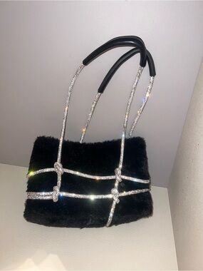 Rhinestone black faux fur shoulder bag